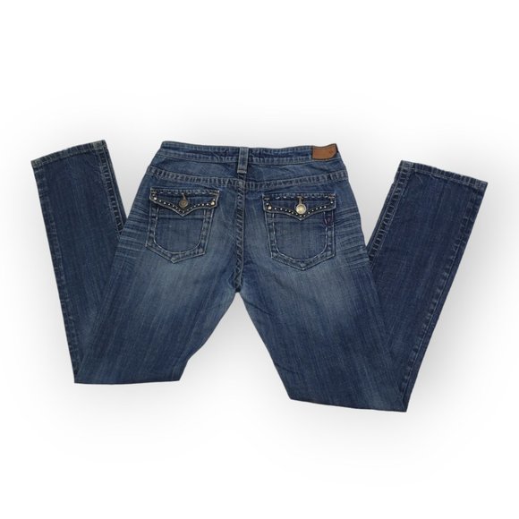 Dark Wash Distressed Holey Low Rise Straight Leg Jeans Vigoss Collection Size 9 - Picture 3 of 9